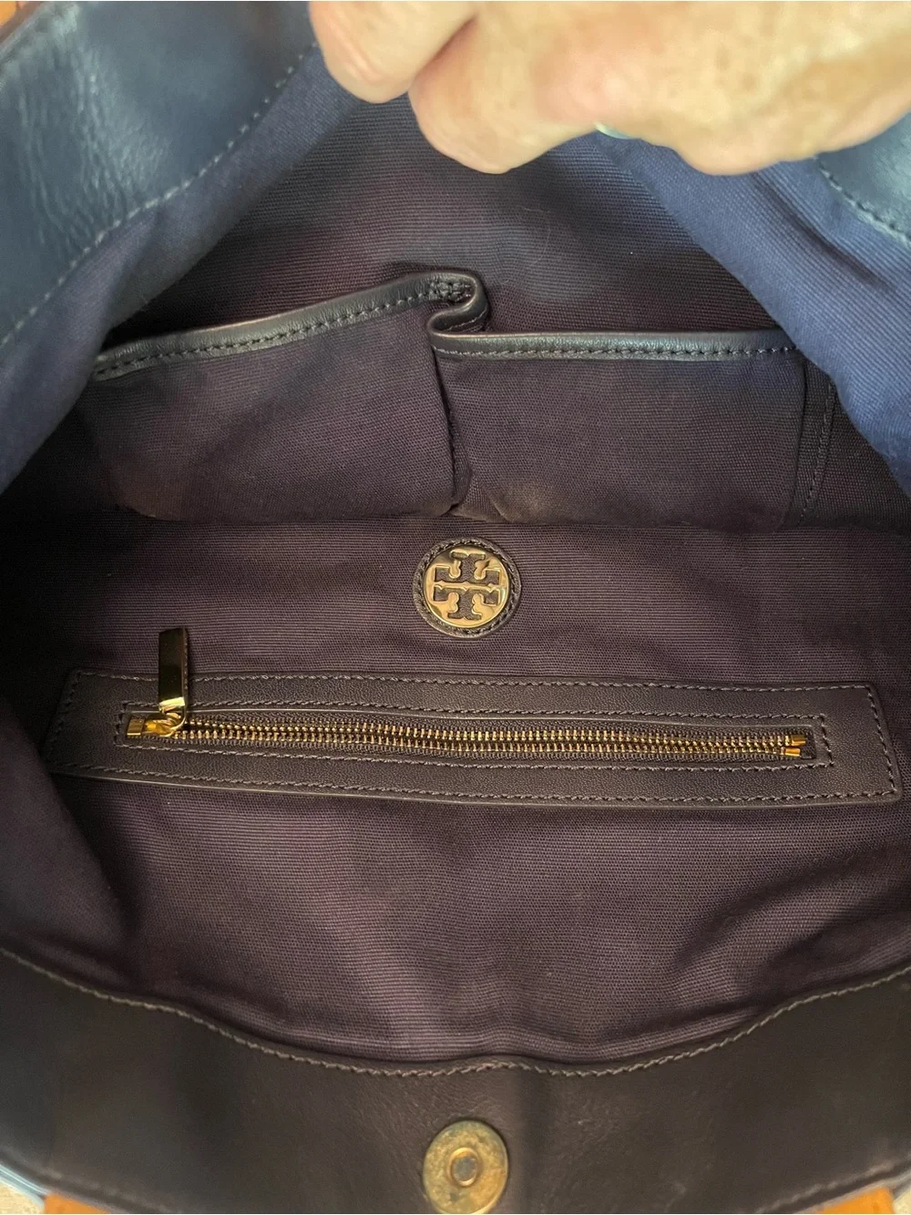 Tory Burch Navy and Tan Geometric Stripe Leather Tote